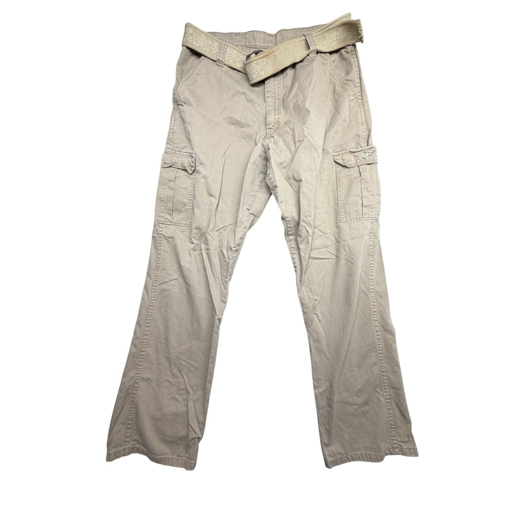Wrangler Mens Tan Khaki Cargo Pants 36x34 Straight Leg Cotton 70LEWGR with Belt